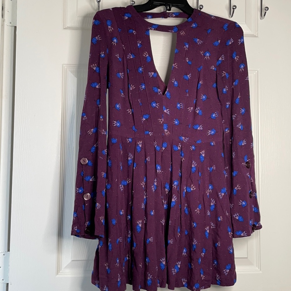 Free people long sleeve floral choker mini dress with pockets